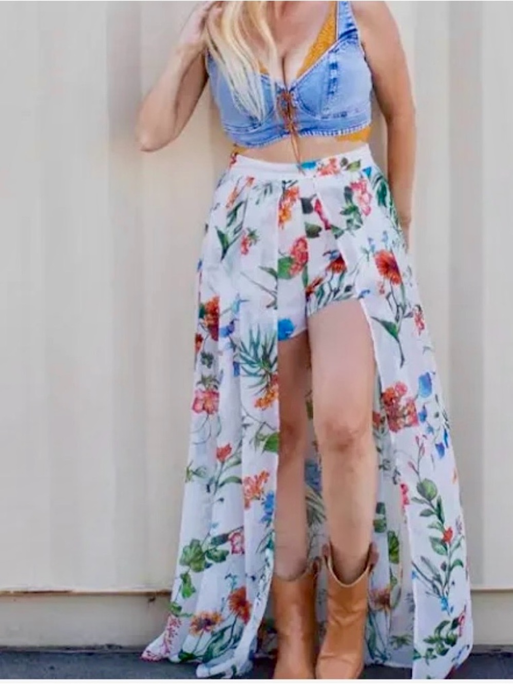 San Souci Boho Festival Floral Flowy Shorts Sheer Maxi Skirt Overlay Earthy M